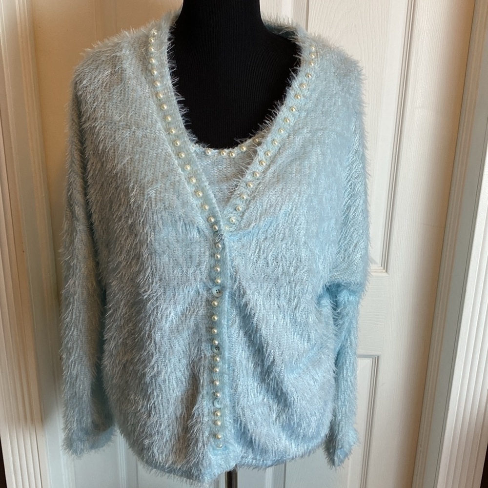 Chicme Powder Blue Women’s Eyelash Sweater Set Bandeau & V-Neck Cardigan XL NEW